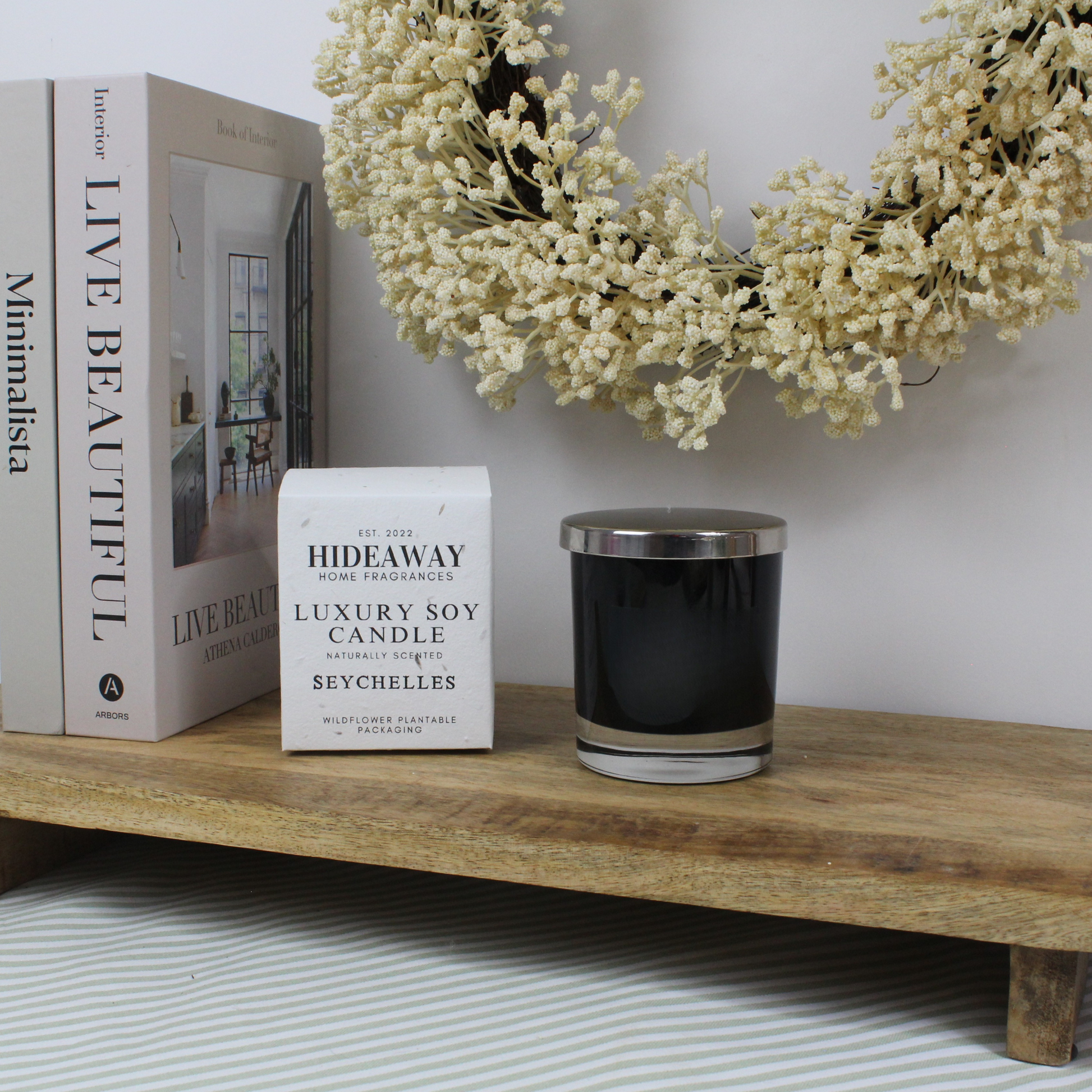 Refined Seychelles Candle capturing Indian Ocean breezes with citrus, coconut, and warm amber – Hideaway Home Fragrances