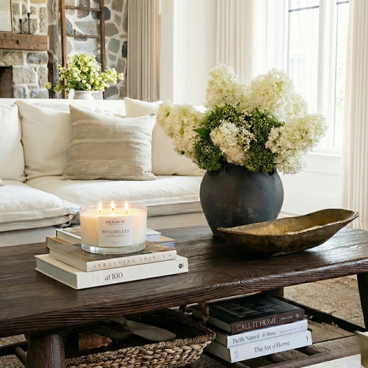 Seychelles 3-wick luxury candle with citrus and tropical notes creating a sunny, relaxing home atmosphere