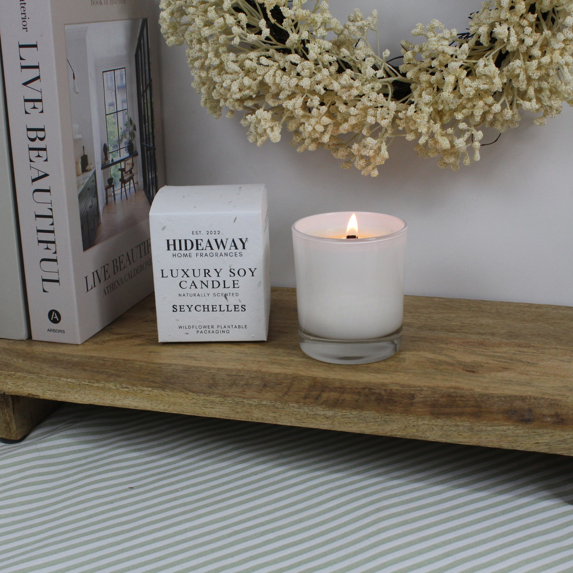 Luxury Seychelles Candle blending sweet orange, creamy vanilla, and rich almond for island escape – Hideaway Home Fragrances