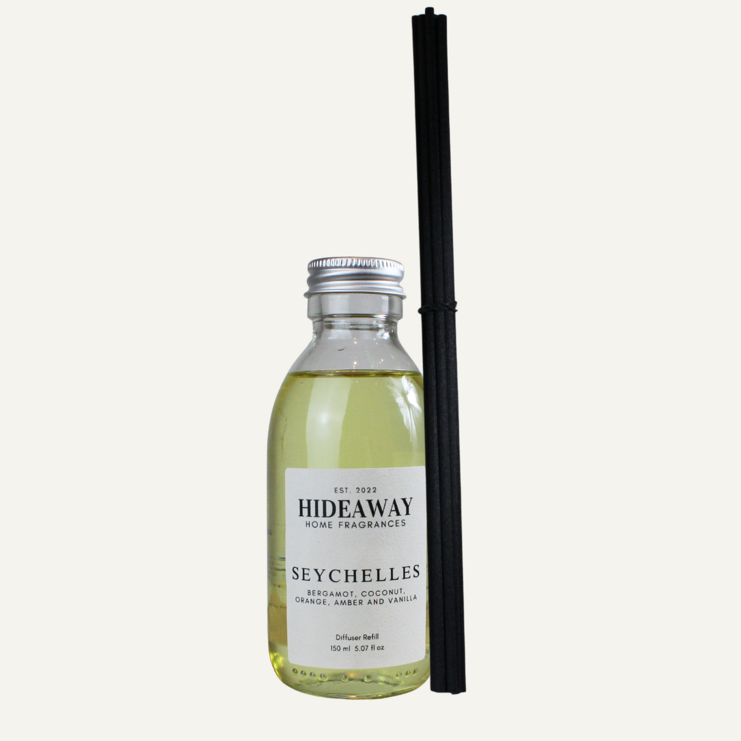 Seychelles Reed Diffuser Refill with bergamot, sweet orange, amber, coconut, vanilla, and almond – citrusy, tropical, and soothing scent – Hideaway Home Fragrances