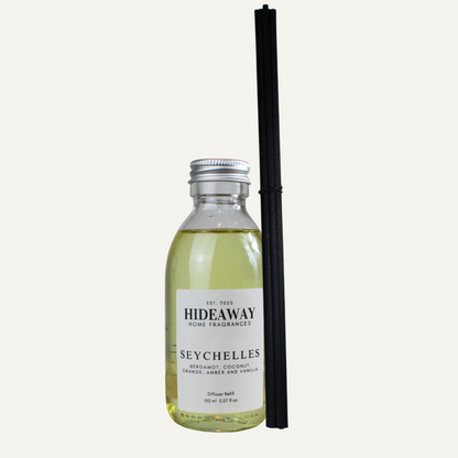 Seychelles Reed Diffuser Refill with bergamot, sweet orange, amber, coconut, vanilla, and almond – citrusy, tropical, and soothing scent – Hideaway Home Fragrances