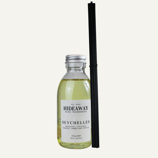Seychelles Reed Diffuser Refill with bergamot, sweet orange, amber, coconut, vanilla, and almond – citrusy, tropical, and soothing scent – Hideaway Home Fragrances