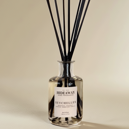 Seychelles Reed Diffuser – Tropical citrus and soothing island breeze for a serene atmosphere - Hideaway Home Fragrances