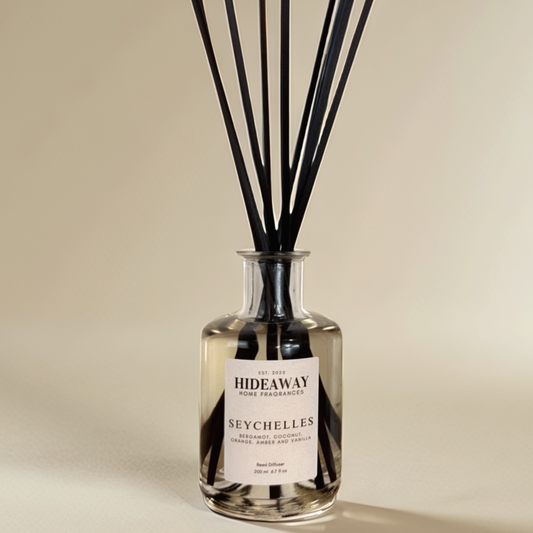 Seychelles Reed Diffuser – Tropical citrus and soothing island breeze for a serene atmosphere - Hideaway Home Fragrances
