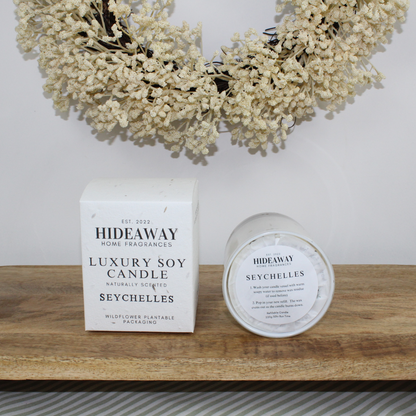 Exotic Seychelles Candle with tropical notes of coconut, vanilla, and amber for calming elegance – Hideaway Home Fragrances