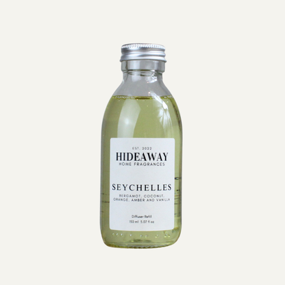 Luxury Seychelles Diffuser Refill – Citrusy Tropical Soothing Aroma with Amber, Vanilla, and Almond | Hideaway Home Fragrances