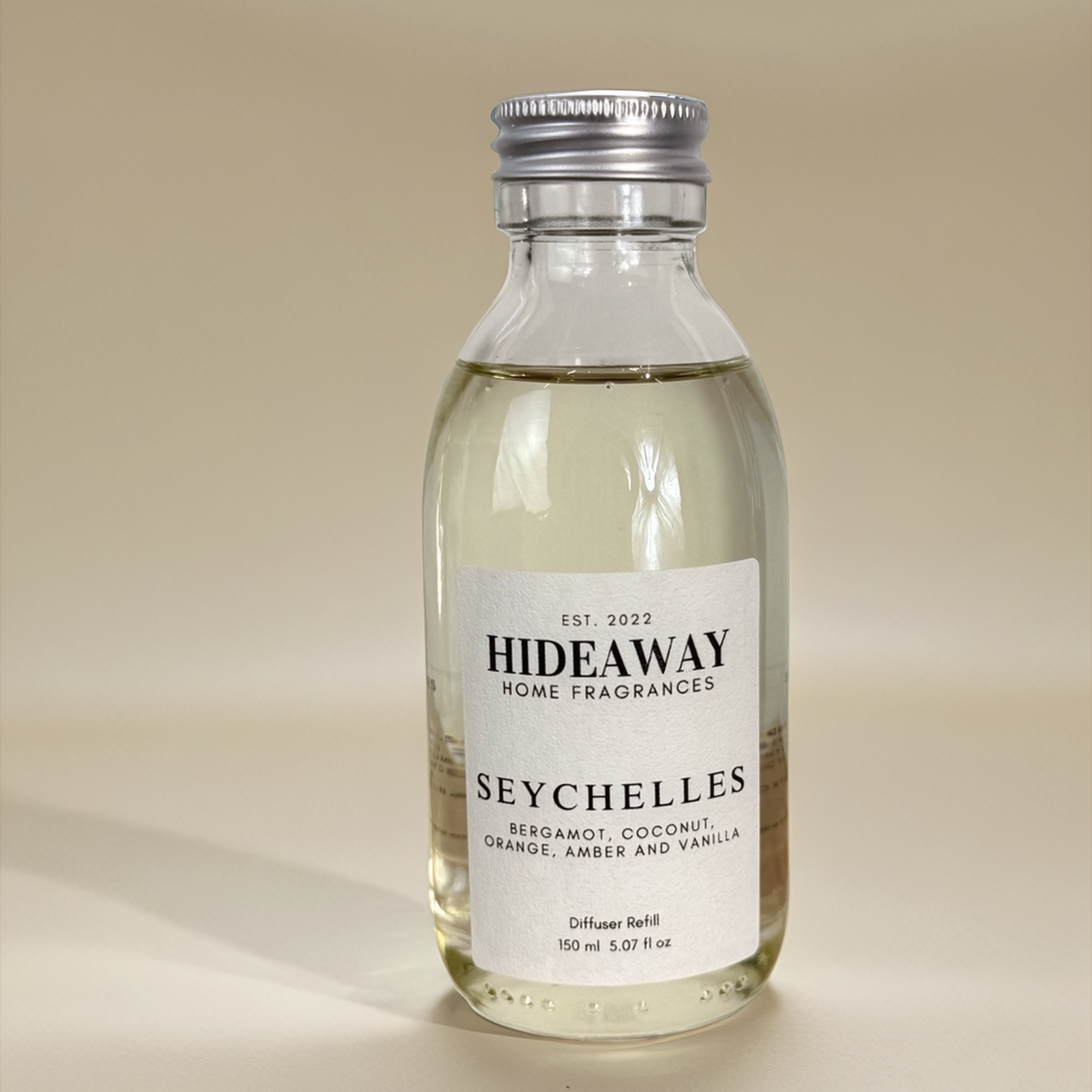 Seychelles Reed Diffuser Refill with bergamot, sweet orange, amber, coconut, vanilla, and almond – citrusy, tropical, and soothing scent – Hideaway Home Fragrances