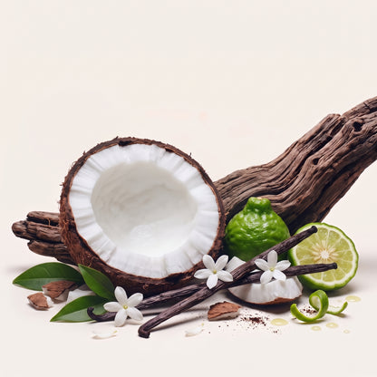 Fragrance note graphic for Seychelles featuring beachy coconut, amber florals & sweet butter - Hideaway Home Fragrances