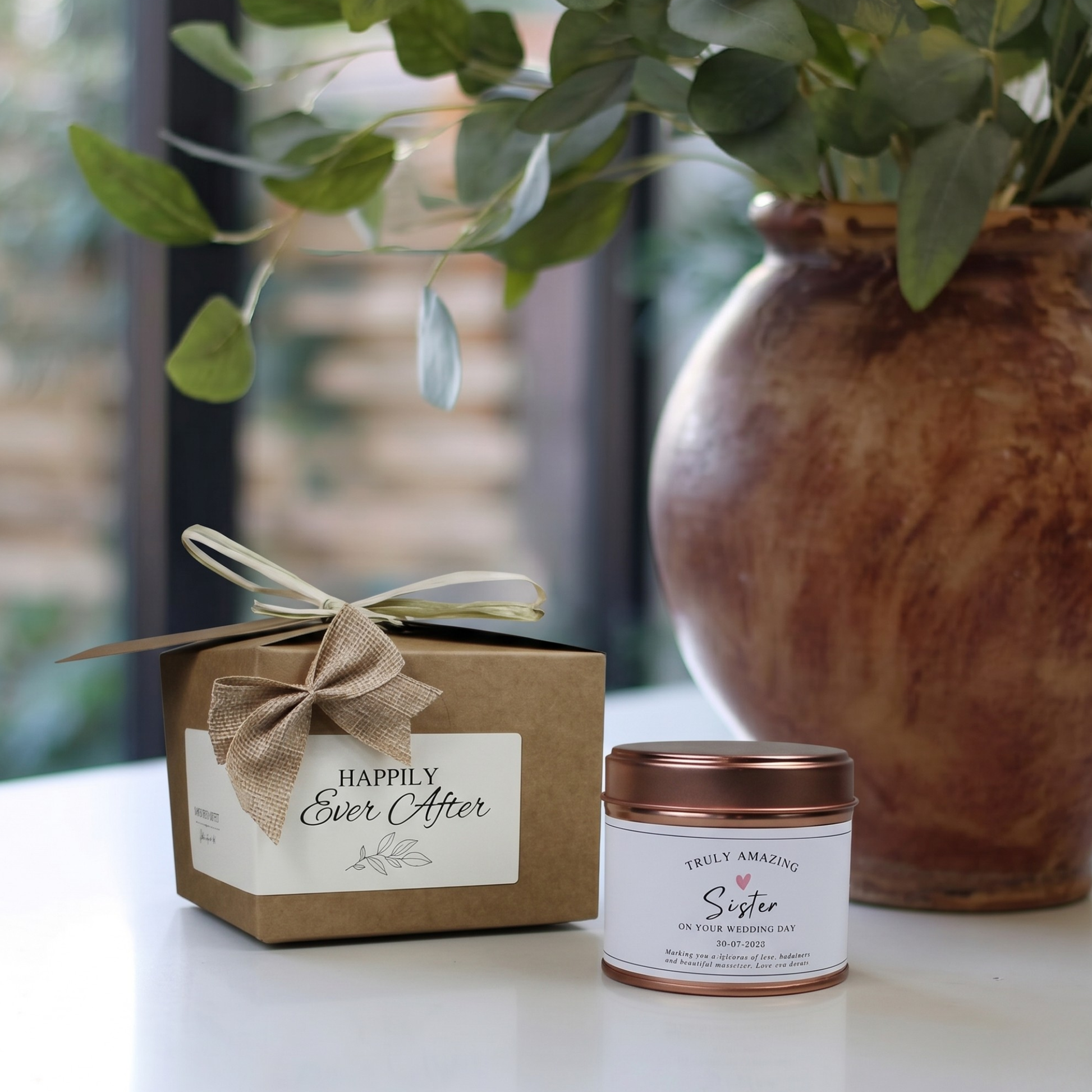 Ready-to-gift bride from sister keepsake box containing a custom handmade soy candle and home fragrance diffuser – Hideaway Home Fragrances