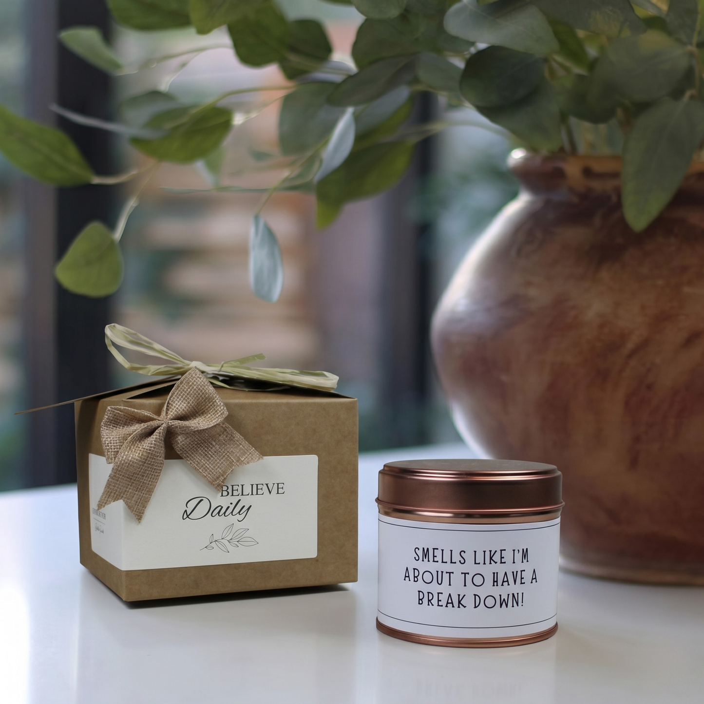 Custom stress relief care package gift box featuring a funny mental health joke candle and matching home fragrance diffuser by Hideaway Home Fragrances.