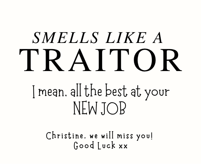Funny personalized office leaving gift set with a witty "smells like a traitor" work colleague retirement or new job tribute candle and reed diffuser, elegantly boxed by Hideaway Home Fragrances.