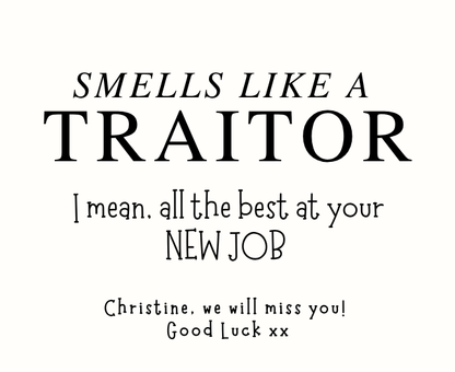 Funny personalized office leaving gift set with a witty "smells like a traitor" work colleague retirement or new job tribute candle and reed diffuser, elegantly boxed by Hideaway Home Fragrances.