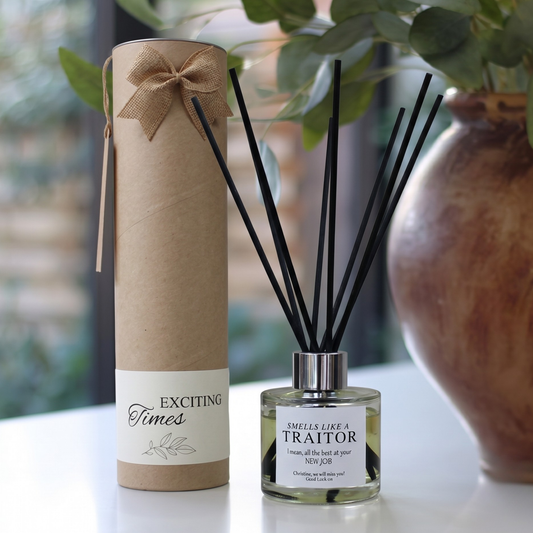 Personalised "Smells Like A Traitor" funny leaving candle and luxury reed diffuser keepsake gift set, beautifully packaged and ready to gift by Hideaway Home Fragrances.