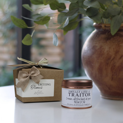 Custom luxury new job congratulations gift box featuring a humorous coworker farewell candle and matching home fragrance diffuser by Hideaway Home Fragrances.
