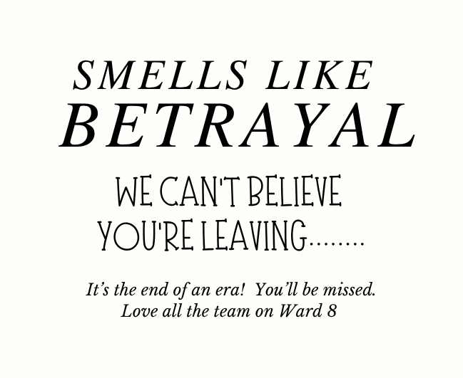 Funny personalized office leaving gift set with a witty "smells like betrayal" new job congratulations candle and reed diffuser, elegantly boxed by Hideaway Home Fragrances.