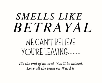 Funny personalized office leaving gift set with a witty "smells like betrayal" new job congratulations candle and reed diffuser, elegantly boxed by Hideaway Home Fragrances.