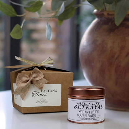 Custom luxury coworker farewell gift box featuring a humorous work bestie leaving candle and matching home fragrance diffuser by Hideaway Home Fragrances.