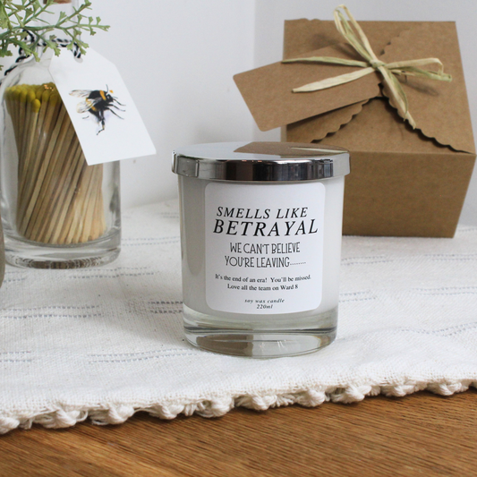 Smells Like Betrayal Personalised Leavers Candle – Funny Goodbye Gift for Colleagues by Hideaway Home Fragrances