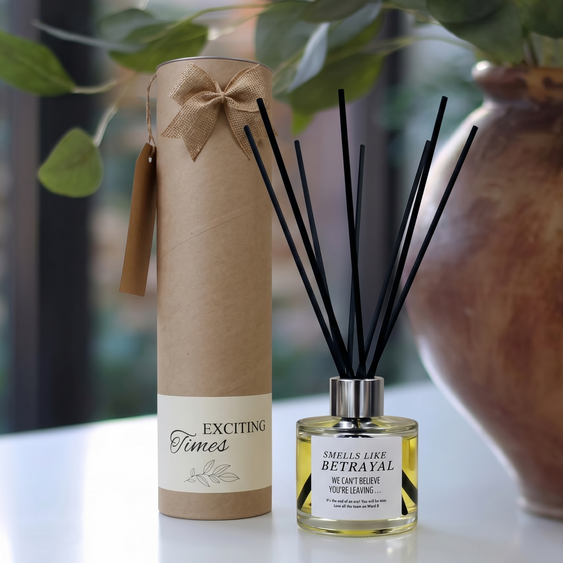Personalised "Smells Like Betrayal" funny leaving candle and luxury reed diffuser keepsake gift set, beautifully packaged and ready to gift by Hideaway Home Fragrances.