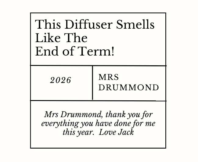 Funny personalized school leaving thank you hamper with a witty "smells like end of term" educator relaxation tribute candle and reed diffuser, elegantly boxed by Hideaway Home Fragrances.