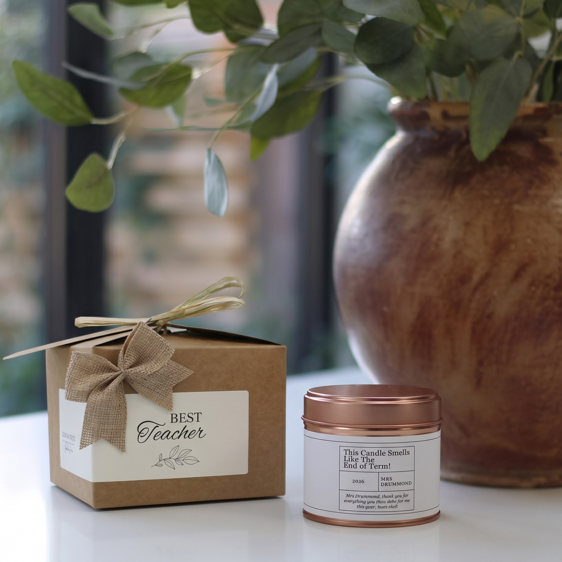 Custom luxury teacher appreciation gift box featuring a humorous summer break countdown candle and matching home fragrance diffuser by Hideaway Home Fragrances.