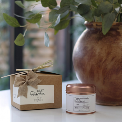 Custom luxury teacher appreciation gift box featuring a humorous summer break countdown candle and matching home fragrance diffuser by Hideaway Home Fragrances.