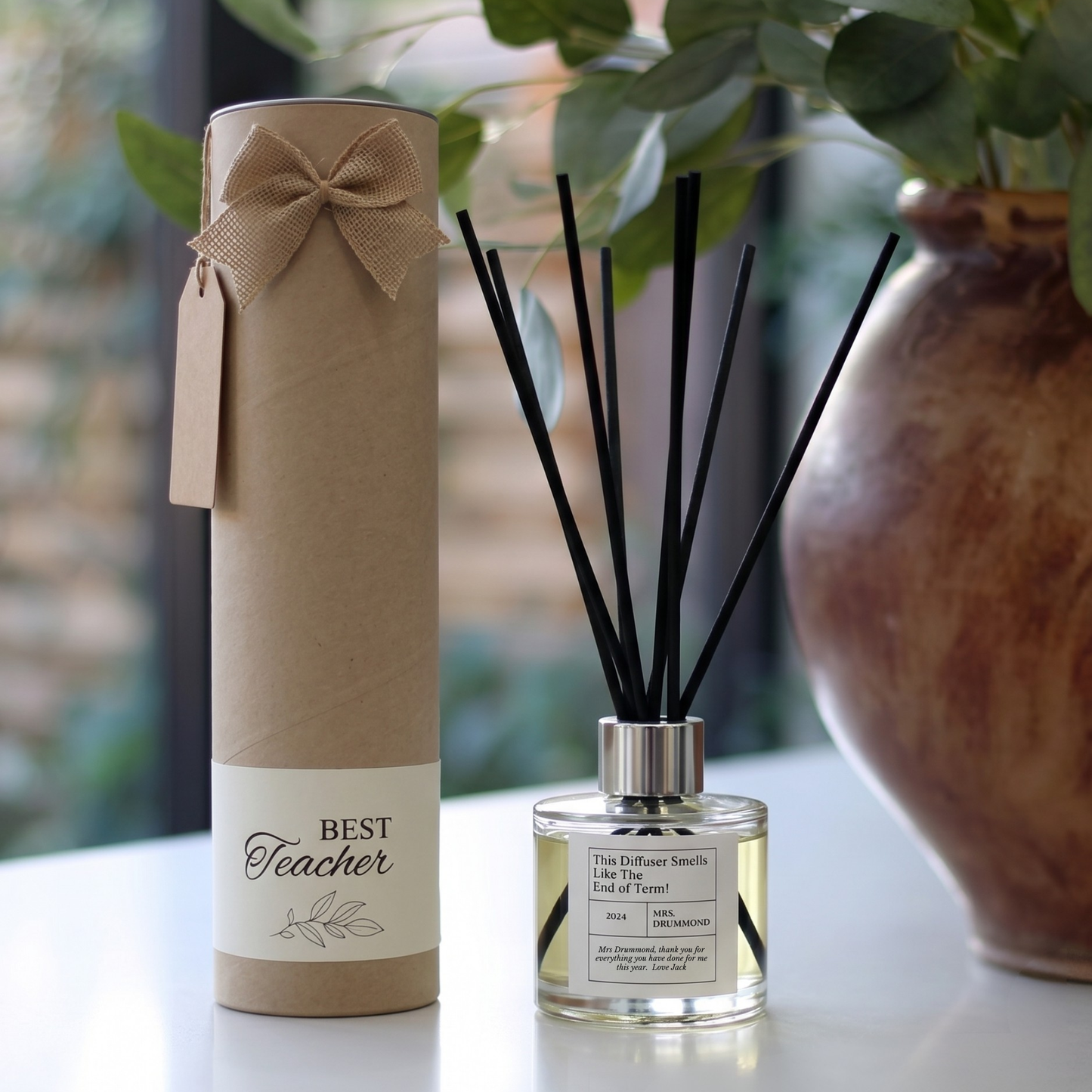 Personalised "Smells Like End Of Term" funny teacher candle and luxury reed diffuser keepsake gift set, beautifully packaged and ready to gift by Hideaway Home Fragrances.