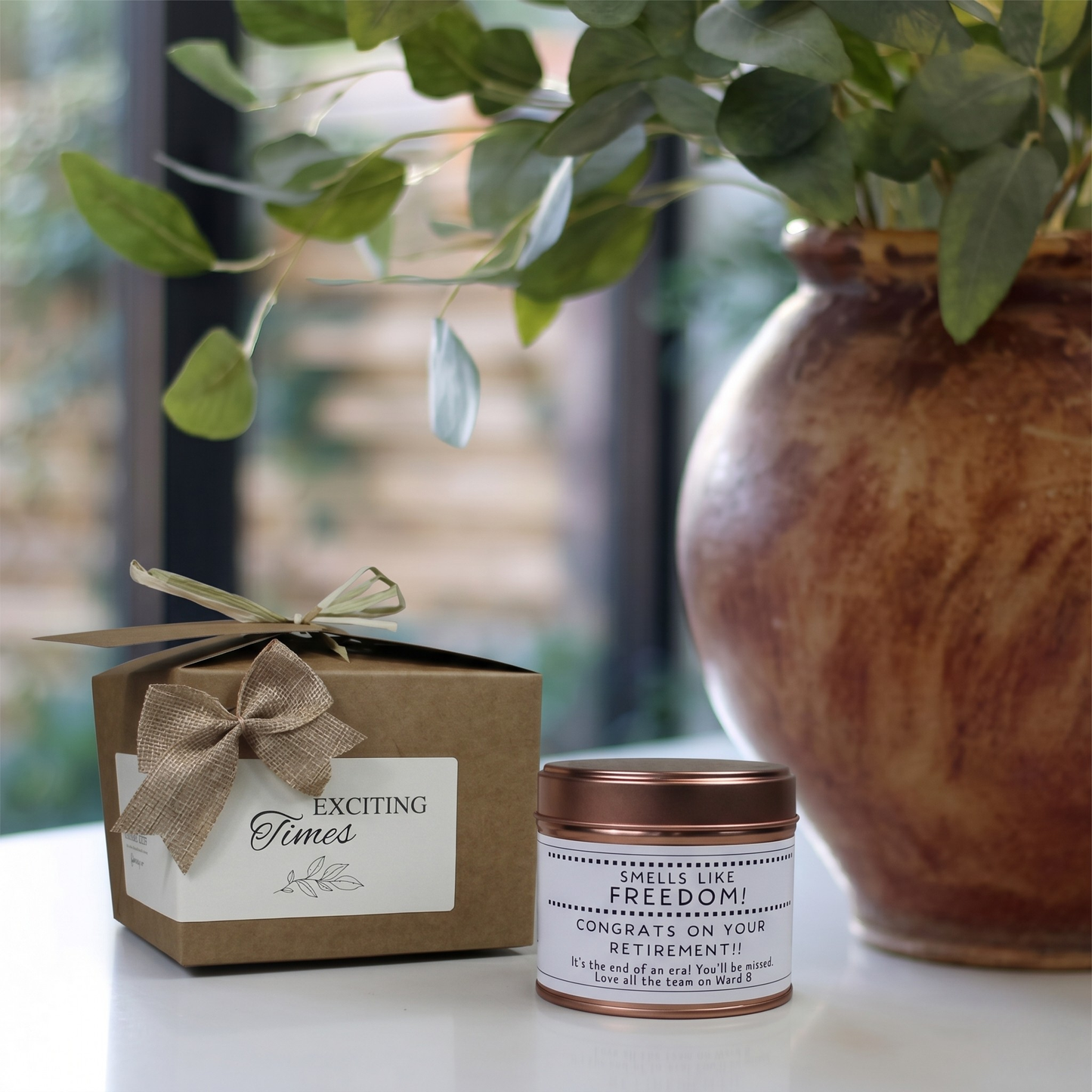 Custom luxury retirement congratulations gift box featuring a humorous coworker farewell candle and matching home fragrance diffuser by Hideaway Home Fragrances.