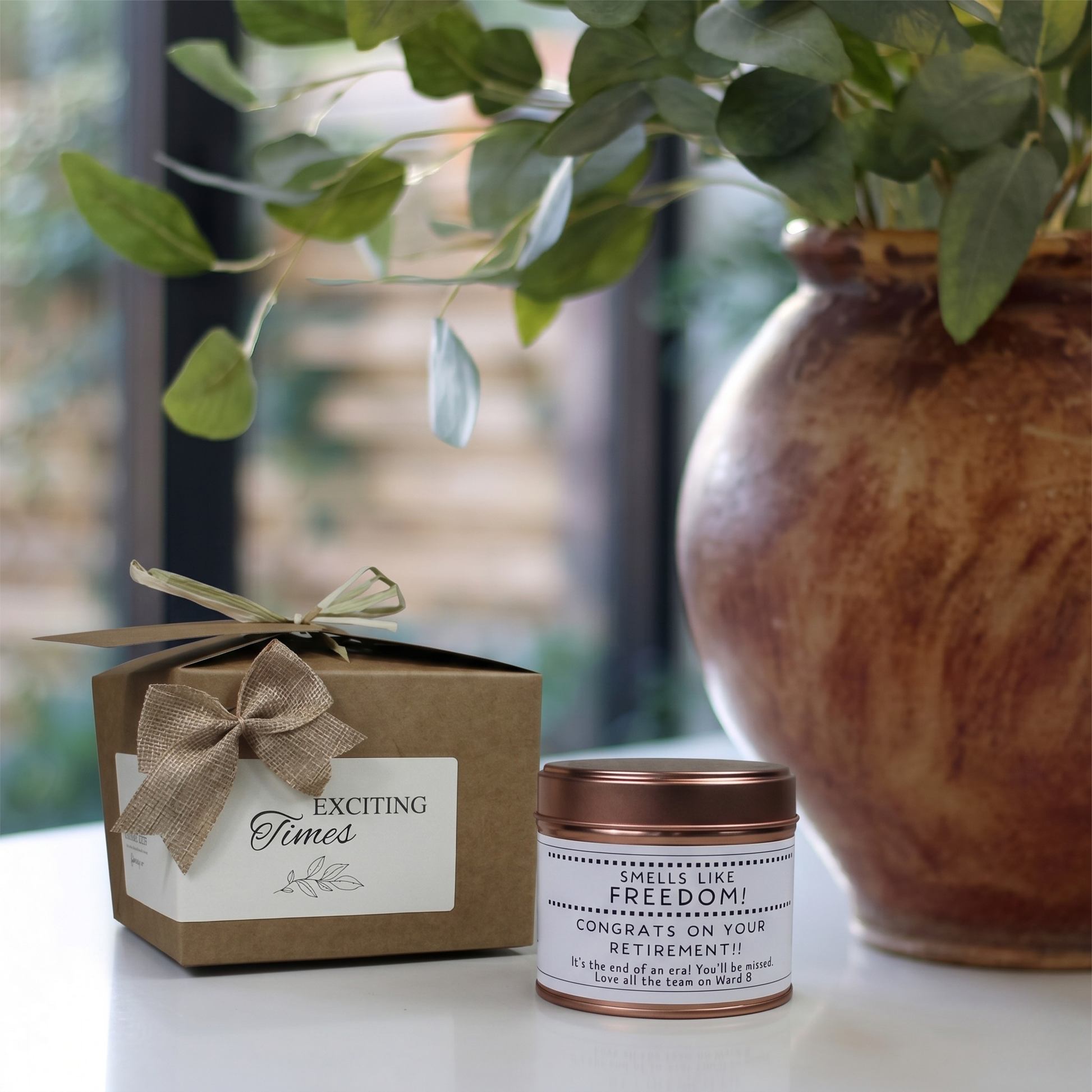 Custom luxury retirement congratulations gift box featuring a humorous coworker farewell candle and matching home fragrance diffuser by Hideaway Home Fragrances.