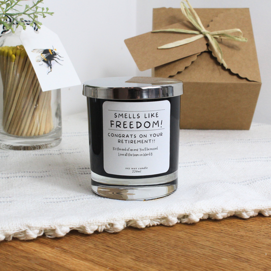 Smells Like Freedom Personalised Retirement Candle – Cheeky Retirement Gift by Hideaway Home Fragrances