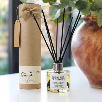 Personalised "Smells Like Freedom" funny retirement candle and luxury reed diffuser keepsake gift set, beautifully packaged and ready to gift by Hideaway Home Fragrances.