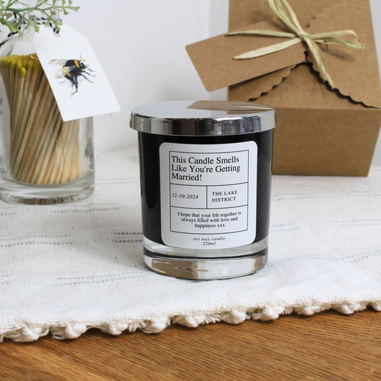 Personalised engagement candle with ‘Smells Like You’re Getting Married’ label – Hideaway Home Fragrances
