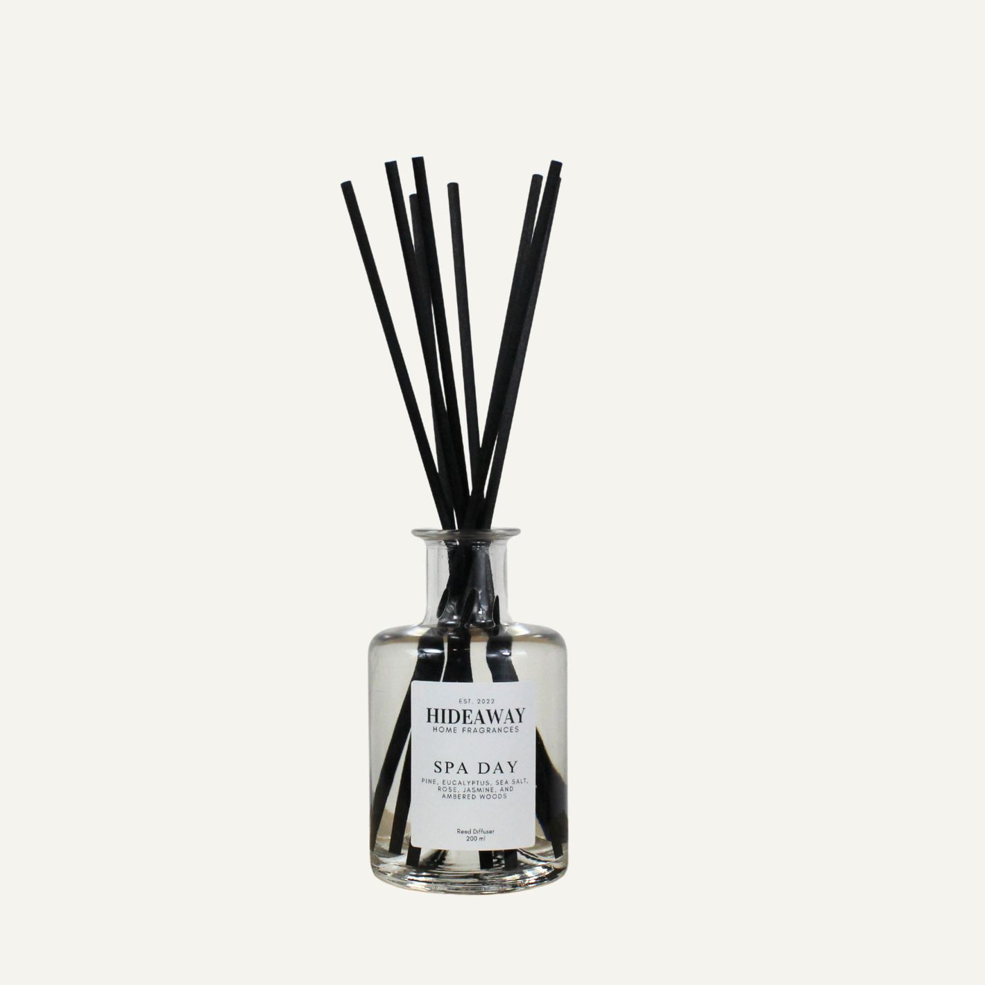 Luxury wellness reed diffuser with ozone, woods and amber, restorative scent for bathroom or bedroom