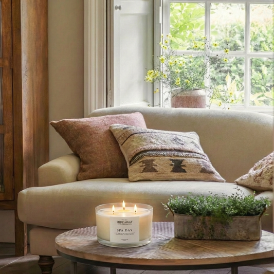 Spa Day 3-wick luxury candle with sea salt, eucalyptus and floral notes creating a calming, serene home atmosphere