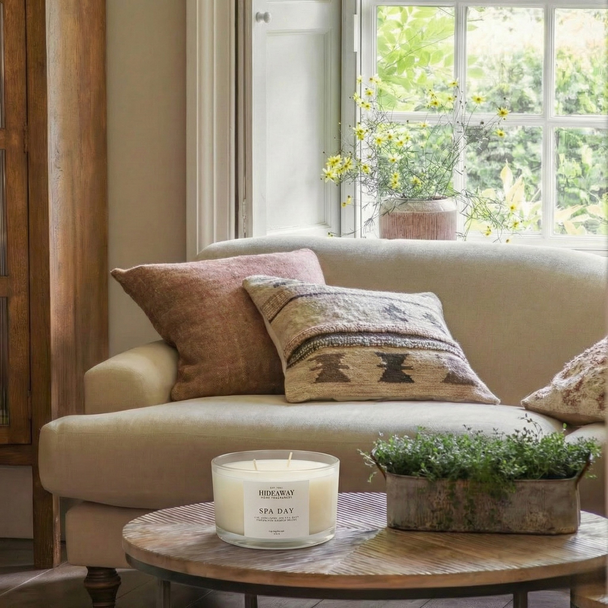 Fresh and herbal Spa Day three-wick candle filling a room with relaxing pine, thyme and amber fragrance for spa-inspired comfort