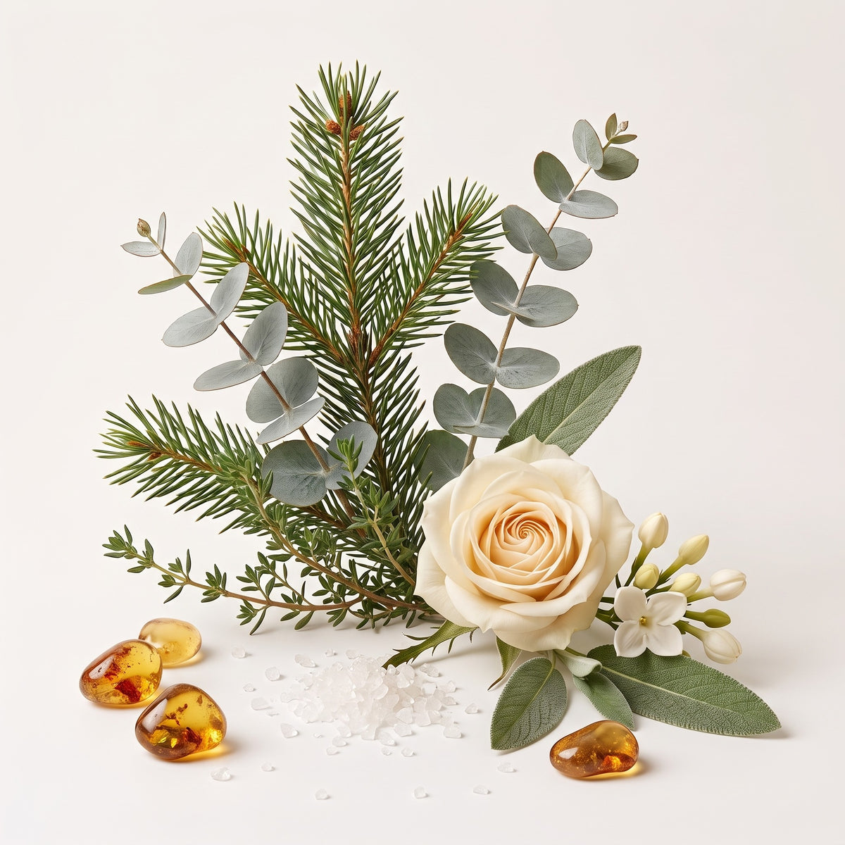 Fragrance note graphic for Spa Day showing fresh pine, thyme, sea breeze & warm woods - Hideaway Home Fragrances