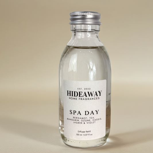 Spa Day Reed Diffuser Refill with pine, eucalyptus, thyme, sea salt, and floral notes – fresh, herbal, and calming scent – Hideaway Home Fragrances