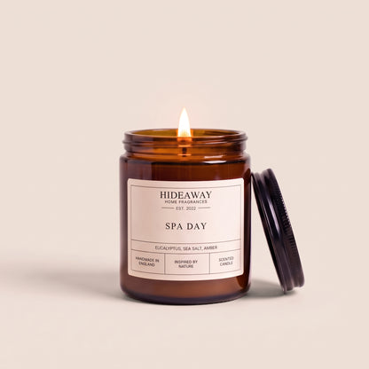Spa Day coastal scented candle featuring notes of eucalyptus, sea salt, and ozone by Hideaway Home Fragrances.