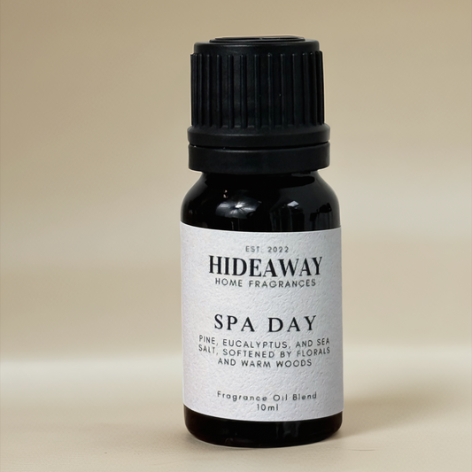 Spa Day Fragrance Oil with fresh pine, eucalyptus, thyme, and sea salt creating a calming herbal escape — Hideaway Home Fragrances