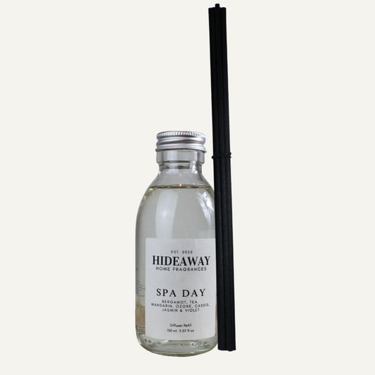Spa Day Reed Diffuser Refill with pine, eucalyptus, thyme, sea salt, and floral notes – fresh, herbal, and calming scent – Hideaway Home Fragrances