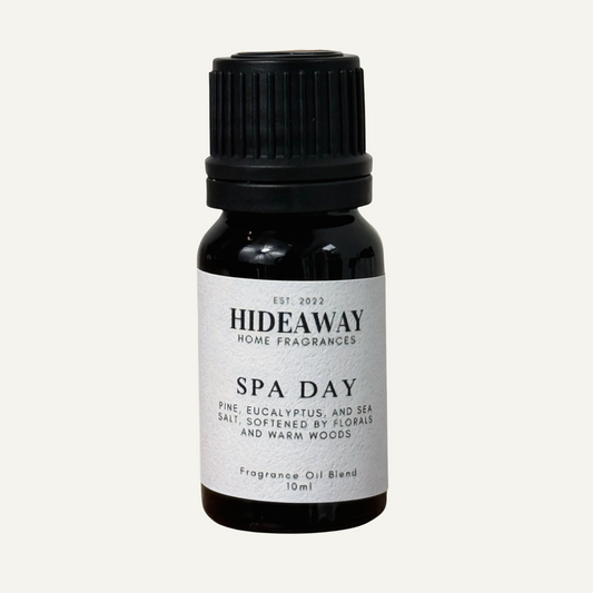 Spa Day Fragrance Oil with fresh pine, eucalyptus, thyme, and sea salt creating a calming herbal escape — Hideaway Home Fragrances