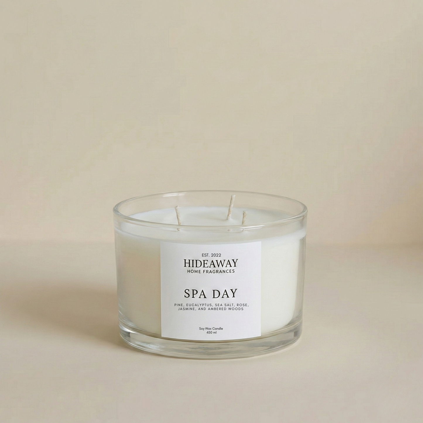 Spa Day 3-wick luxury candle with sea salt, eucalyptus, pine, and floral notes creating a fresh, calming home atmosphere