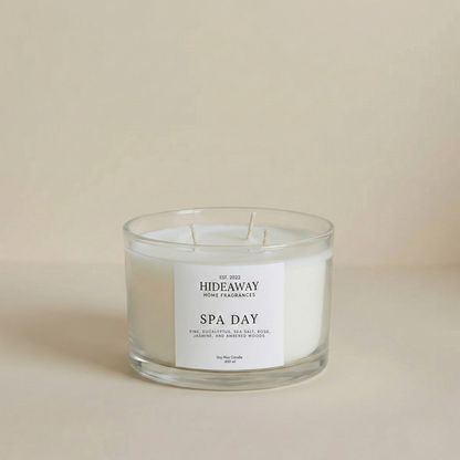 Spa Day 3-wick luxury candle with sea salt, eucalyptus, pine, and floral notes creating a fresh, calming home atmosphere