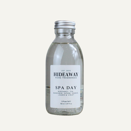 Luxury Spa Day Diffuser Refill – Fresh Herbal Calming Aroma with Rose, Jasmine, and Amber | Hideaway Home Fragrances