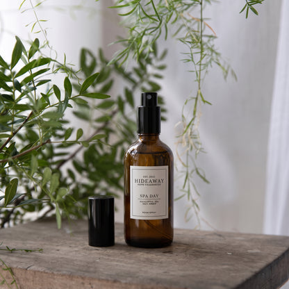 Fragrance notes breakdown for Hideaway Home Fragrances spa day room spray featuring pine, eucalyptus, sea salt, lilac, and golden amber.