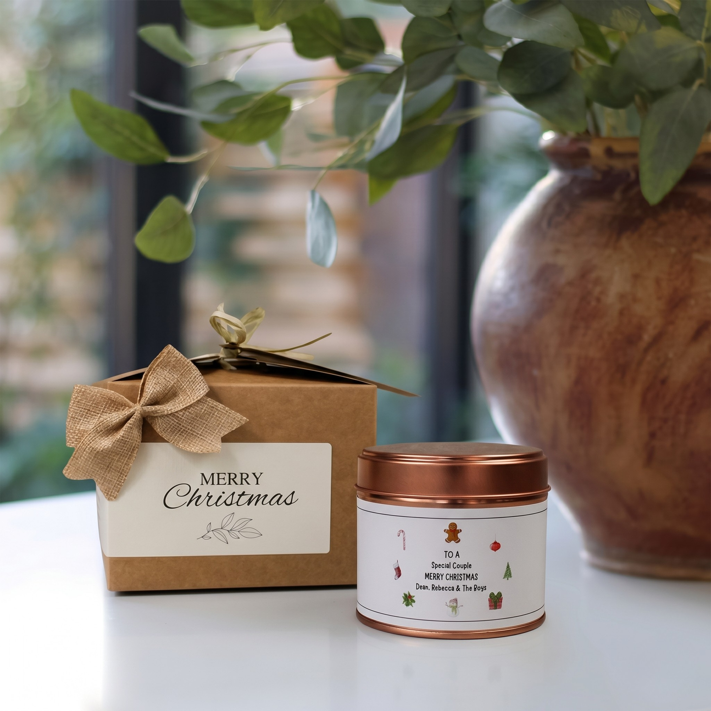 Custom couples holiday candle gift with personalized names and festive first christmas design - Hideaway Home Fragrances