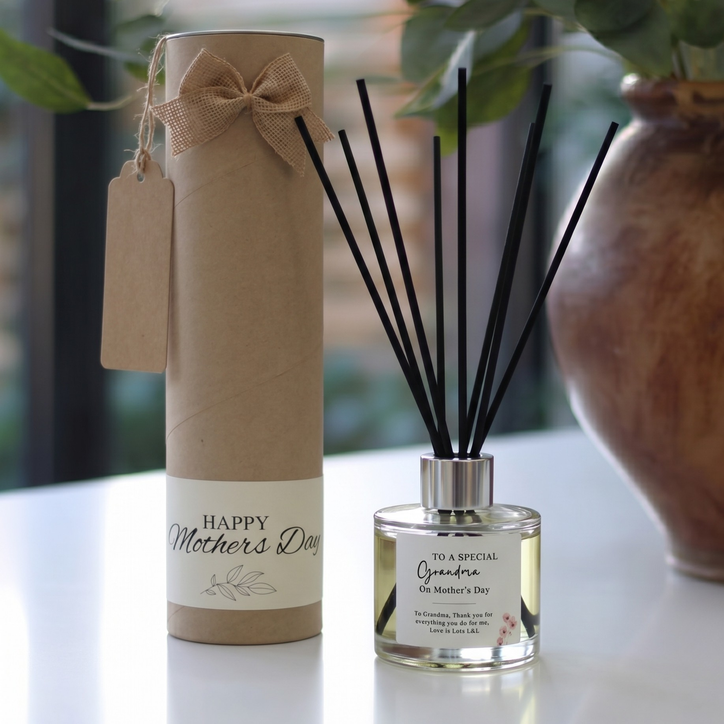 Personalised "Special Grandma" Mother's Day candle and luxury reed diffuser keepsake gift set, beautifully packaged and ready to gift by Hideaway Home Fragrances.