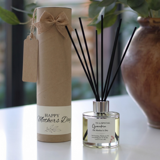 Personalised "Special Grandma" Mother's Day candle and luxury reed diffuser keepsake gift set, beautifully packaged and ready to gift by Hideaway Home Fragrances.
