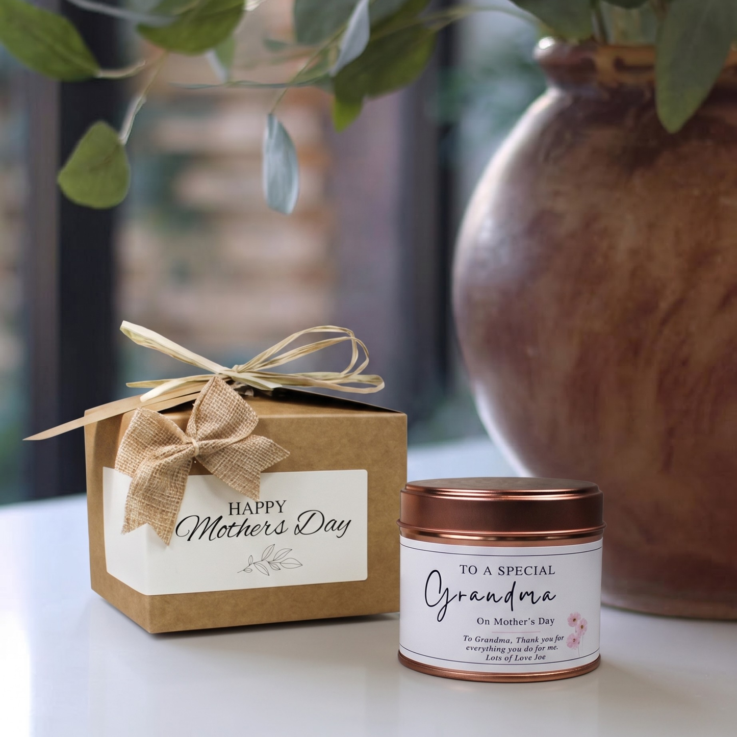 Custom luxury nan Mother’s Day gift box featuring a personalized grandmother birthday candle and matching home fragrance diffuser by Hideaway Home Fragrances.