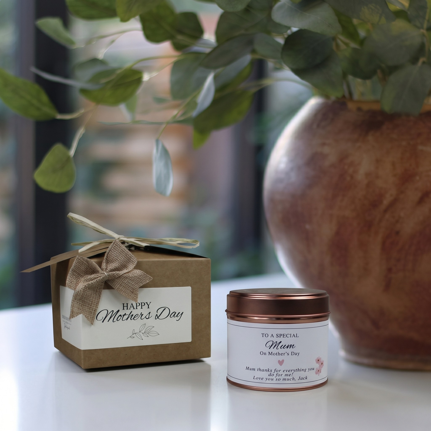 Custom luxury Mother’s Day gift box featuring a personalized mum birthday candle and matching home fragrance diffuser by Hideaway Home Fragrances.